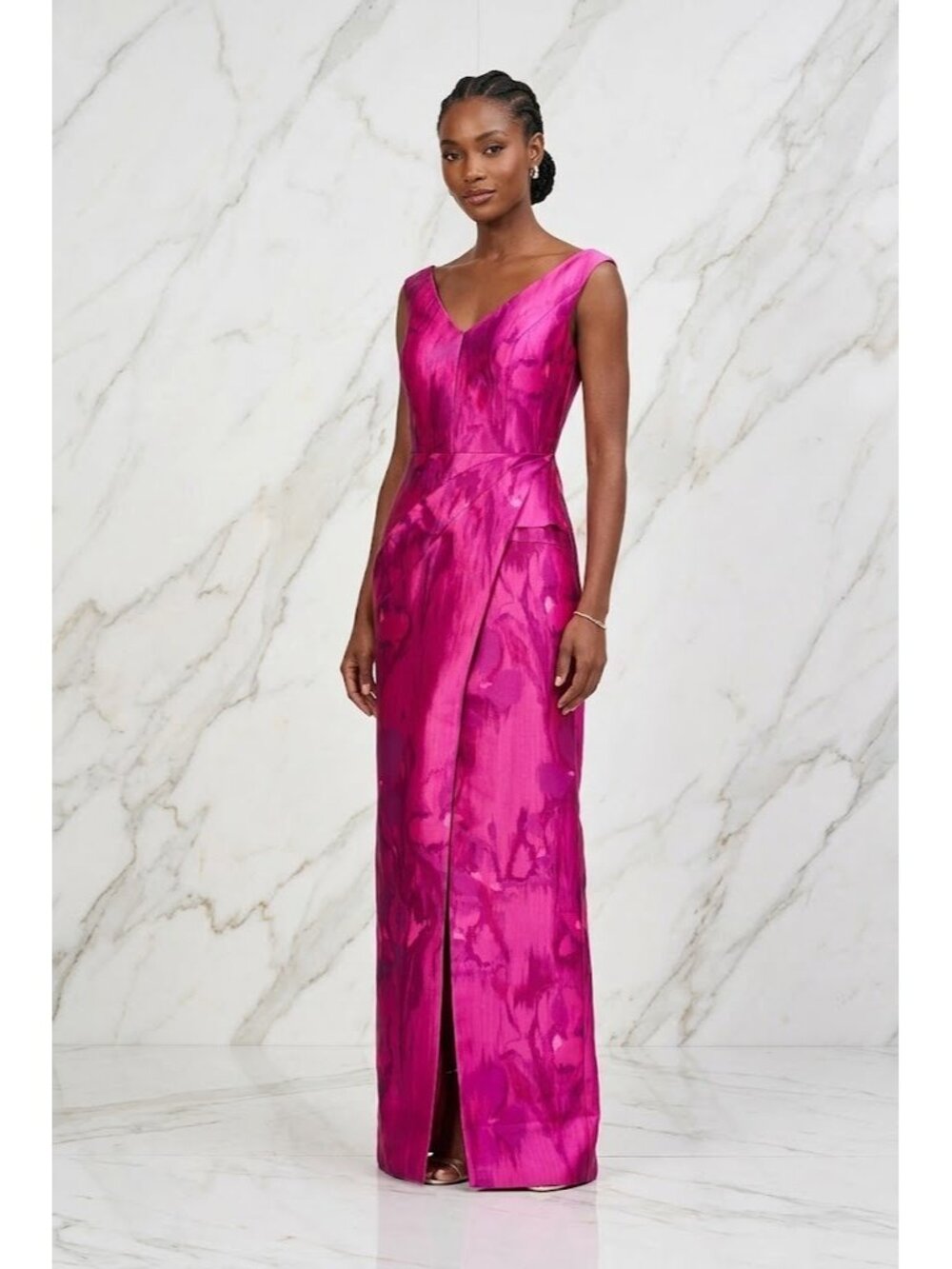 NWT Kay Unger Astrid Column Gown in Vivid Berry Printed Mikado Maxi Dress 2